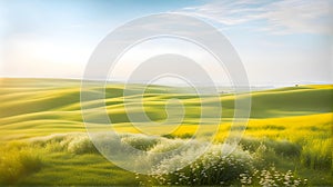 Blooming flat steppe with fresh green grass on a bright day with light fog in the background,
