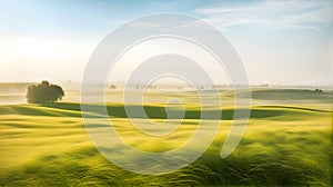 Blooming flat steppe with fresh green grass on a bright day with light fog in the background,