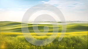 Blooming flat steppe with fresh green grass on a bright day with light fog in the background,