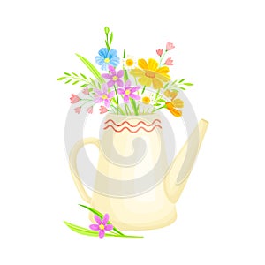Blooming Flower Bunch Rested in Teakettle as Spring Vector Composition photo