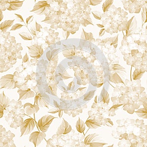 Blooming flower of golden hydrangea on white background. Seamless patternn of hortensia flower. Mop head hydrangea