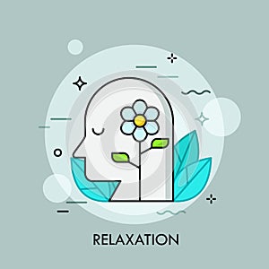 Blooming flower and human head with closed eyes surrounded by green leaves. Concept of relaxation, repose, recreation