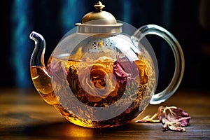 blooming flower tea ball unfurling in a glass teapot