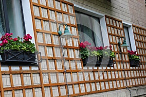 Blooming flowers adorn the facade and windows of houses in the summer in the city
