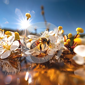 blooming flowers ,bee and butterfly sitting on fruits, mandarin,olives,with drops of morning dew watercherry