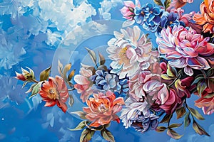 Blooming Flowers on Blue Background