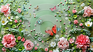 Blooming Flowers and Butterflies Dance on Green Backdrop