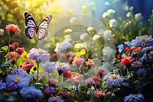 Blooming flowers and butterflies in the spring garden