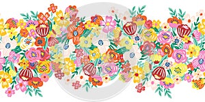 Blooming flowers seamless vector border. A lot of florals in pink, yellow, orange, blue repeating horizontal pattern