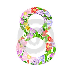 Blooming Flowers and Twigs Framed in Eight Number as International Women s Day Holiday Attribute Vector Illustration