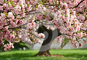 Blooming fruit tree at spring in the garden. Springtime