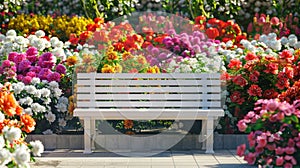 Blooming garden with colorful flowers and white bench in sunlight