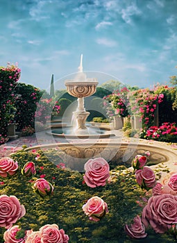 blooming garden of pink roses with fountain