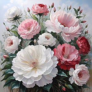 Blooming Harmony: Realistic Oil Painting of Vibrant Floral Arrangement in Soft Hues photo