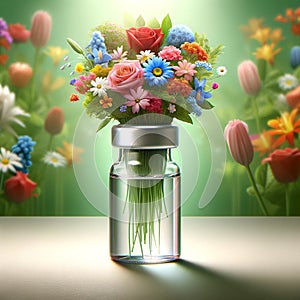 Blooming Health: Vaccine Vial Vase Adorned with Colorful Petals