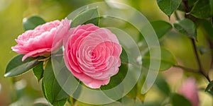 Blooming isolated double pink Camelia flower (Camellia japonica)