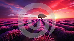 Blooming lavender fields at pink sunset. Beautiful summer landscape.