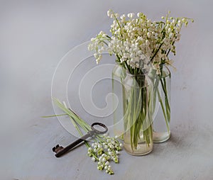 Blooming lilies of the valley and vintage key on a gray background