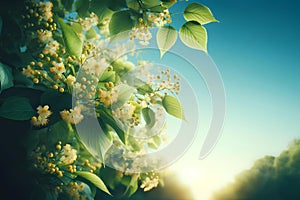 blooming linden branches on a clear sky