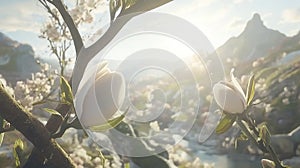 Blooming magnolia, mountain valley sunrise, spring