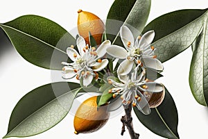 a blooming orange. Close up of orange tree blooms on a branch on a white backdrop