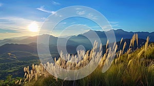 Blooming pampa grass with dramatic mountain range