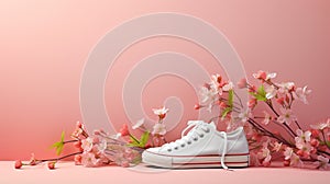 Blooming pink branches and a white sneaker on a pink background. Spring sale