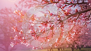 Blooming pink cherry orchard. Cherry blossoms