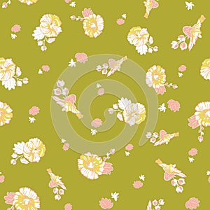 Blooming pink green mallow flower garden seamless repeat vector pattern background for fabric, scrapbooking, wallpaper