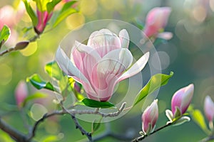 Blooming pink magnolia flower in spring photo