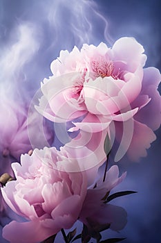 blooming pink poenies covered with fog on dark background