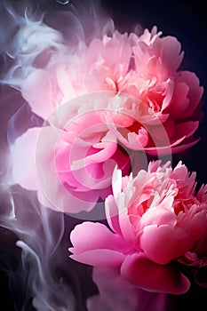 blooming pink poenies covered with fog on dark background