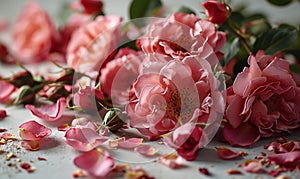 blooming pink roses and petals