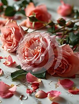 blooming pink roses and petals