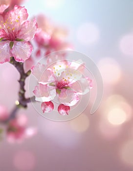 Blooming pink spring blossoms detail on cherry tree branch wallpaper