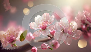 Blooming pink spring blossoms detail on cherry tree branch wallpaper