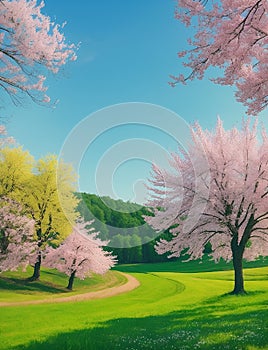 Blooming pink trees, spring nature, green grass, Spring Symphony: Blossoming Pink Trees in Nature\'s Embrace