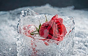 Blooming rose adorned with water droplets rests on frozen surface. Vivid color pops against icy backdrop, suitable for themes of