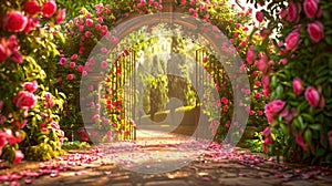 Blooming Rose Archway in Sunlit Garden, a Path to Nature's Enchantment. Serene, Romantic Scenery Ideal for Wedding