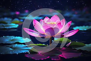 The blooming royal lotus glows at night on the surface of the water