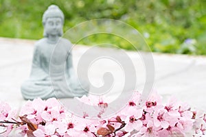 Blooming sakura branch with blurred Buddha statuette on background
