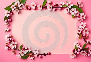 Blooming sakura, spring flowers on pink background