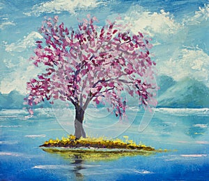 Blooming sakura on water oil painting.