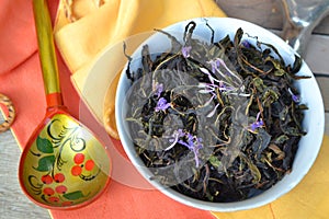 Blooming sally dried tea. Epilobium angustifolium, Epilobium, Purple Alpine Fireweed. Belarusian traditiona helthy cuisine