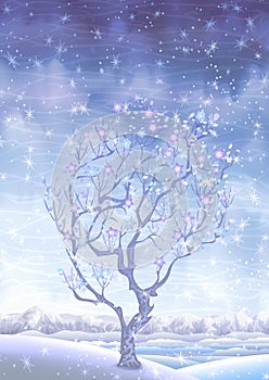 Blooming snow-covered winter fairy-tale tree