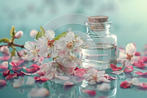 Blooming spring branch near a bottle of perfume