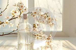 Blooming spring branch near a bottle of perfume