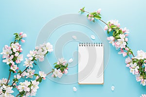 Blooming spring sakura on a blue background with notepad space for a greeting message. The concept of spring and mother`s day.