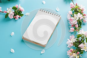Blooming spring sakura on a blue background with notepad space for a greeting message. The concept of spring and mother`s day.