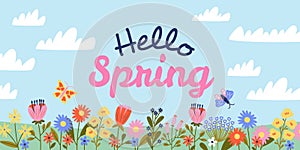 Blooming spring season poster. Beautiful flowers, flying butterfly, waking up to nature, warm sunny time, pretty